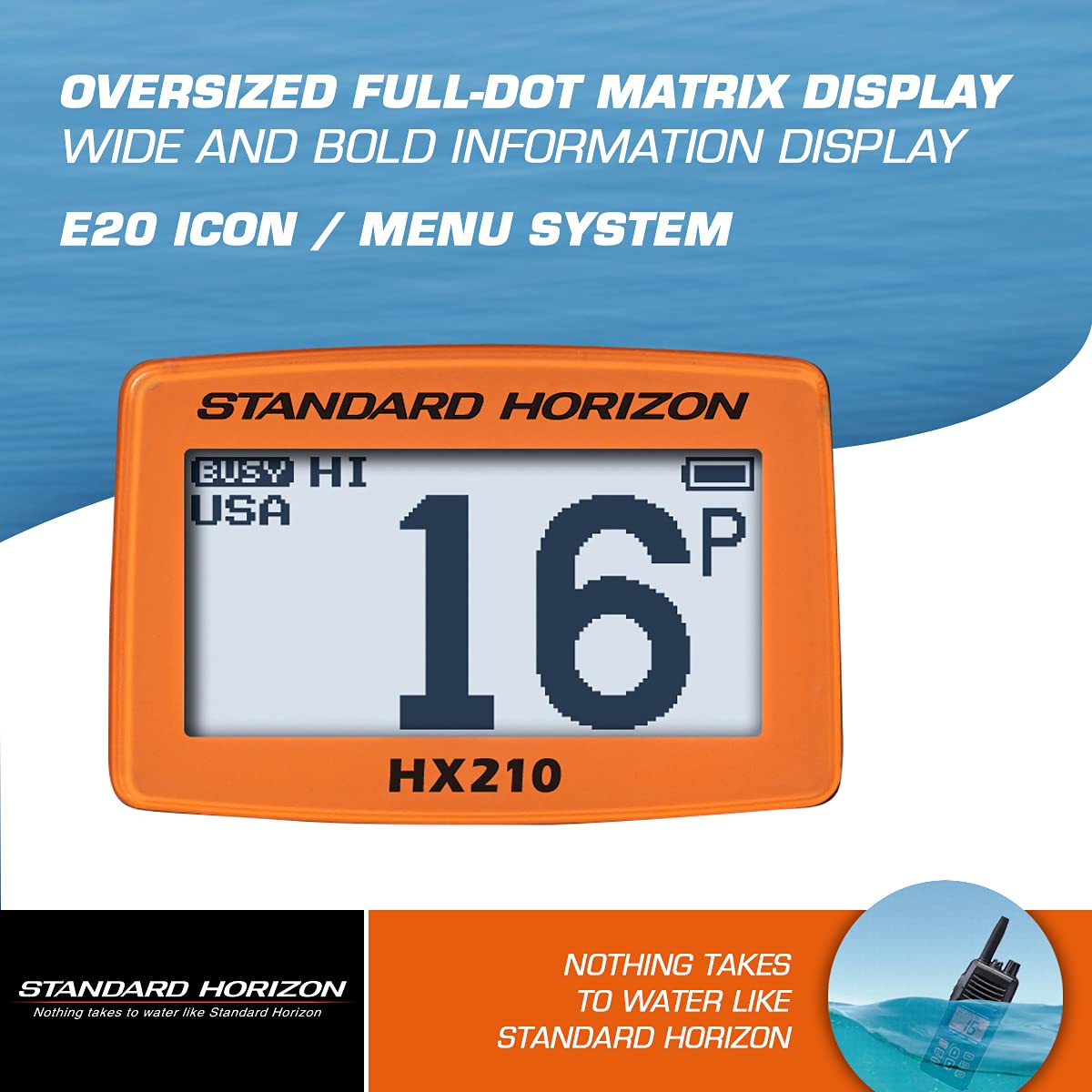 Standard Horizon HX210 display closeup reveals the clear user interface.