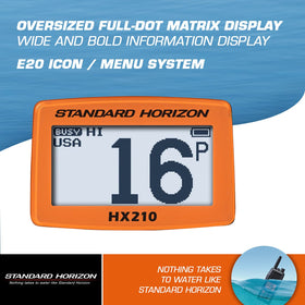 Standard Horizon HX210 display closeup reveals the clear user interface.
