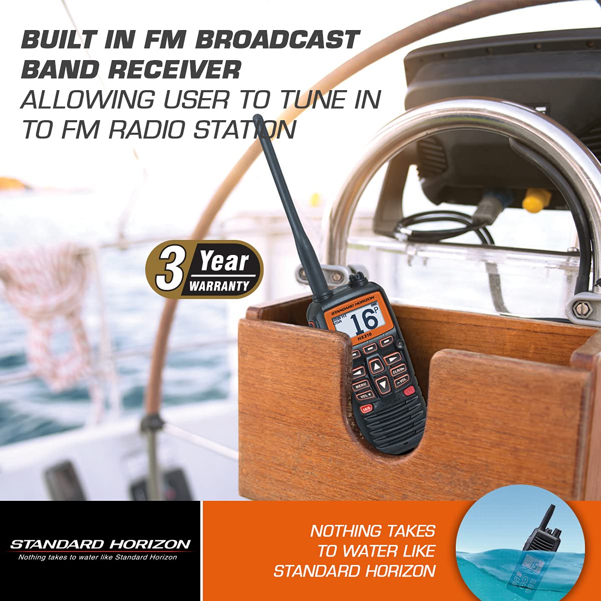 Standard Horizon HX210 floating body demonstrates buoyant appeal on deck.