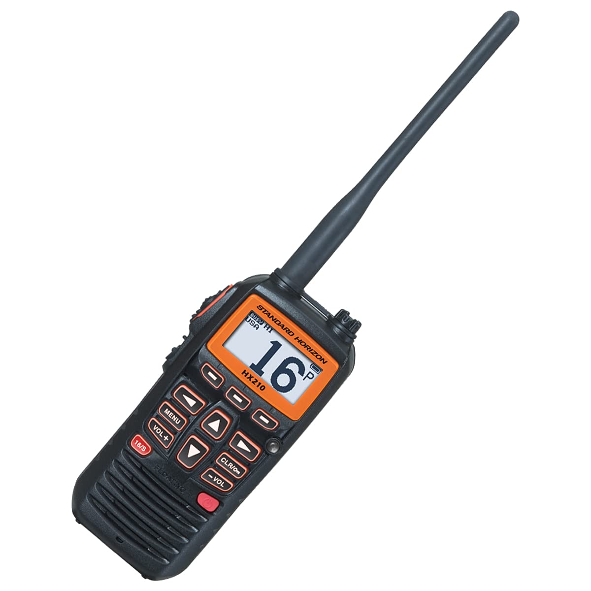 Standard Horizon HX210 front view of a floating handheld VHF radio for quick coastal communication.
