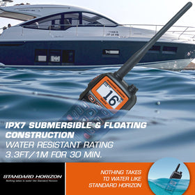 Standard Horizon HX210 in-hand usage reflects comfortable grip during operations.