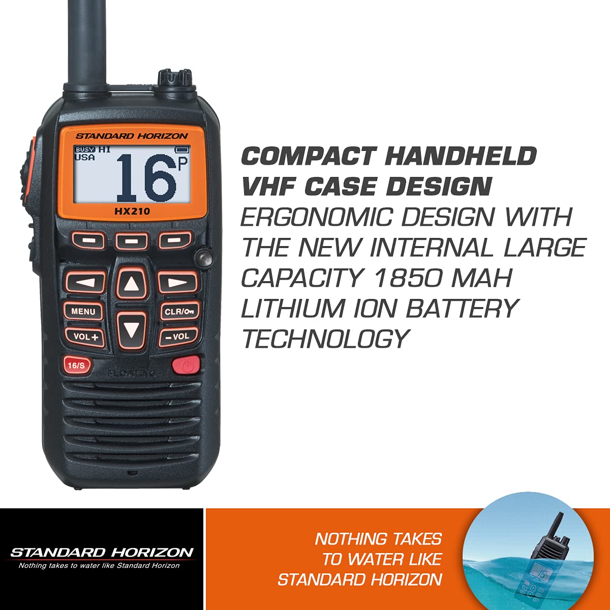 Standard Horizon HX210 side view showing compact handheld marine radio design.