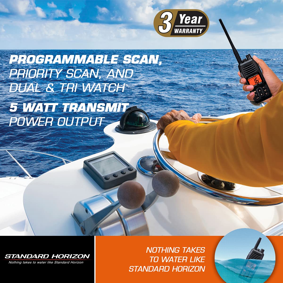 STANDARD HORIZON HX380 antenna and keypad focus shows robust controls