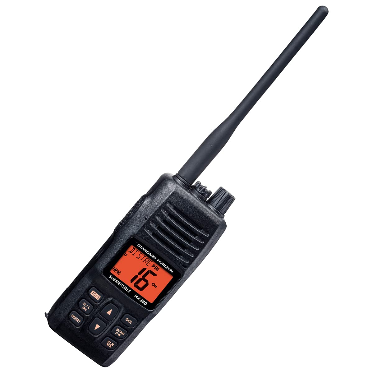 STANDARD HORIZON HX380 front view with clear display for quick channel selection
