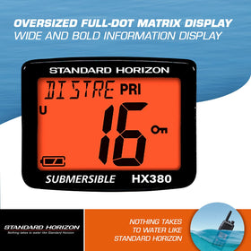 STANDARD HORIZON HX380 enlarged LCD display emphasizes readability and channel names