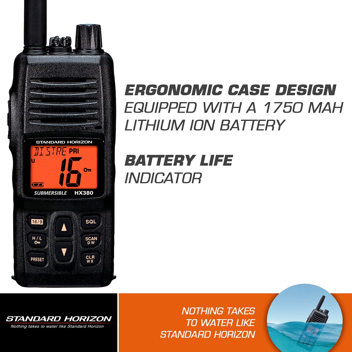 STANDARD HORIZON HX380 side view highlighting compact grip and rugged construction