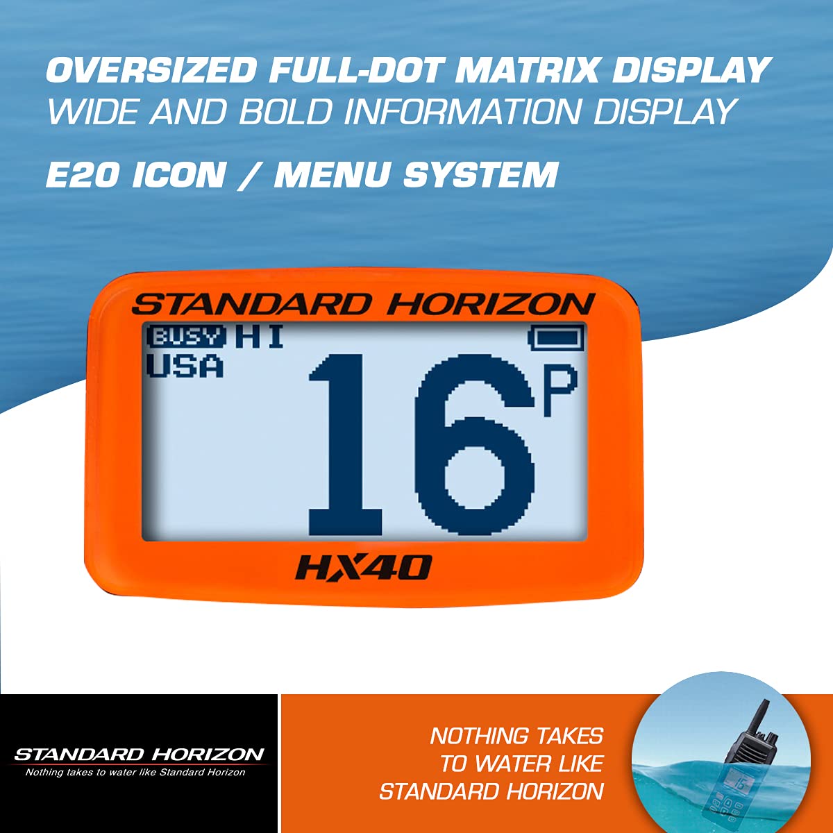 Standard Horizon HX40 display with dot matrix LCD for quick channel reads