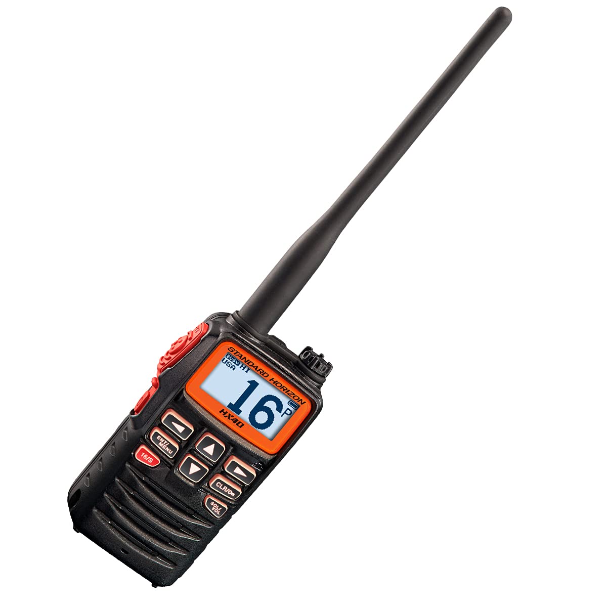 Standard Horizon HX40 marine radio front view with clear VHF capability