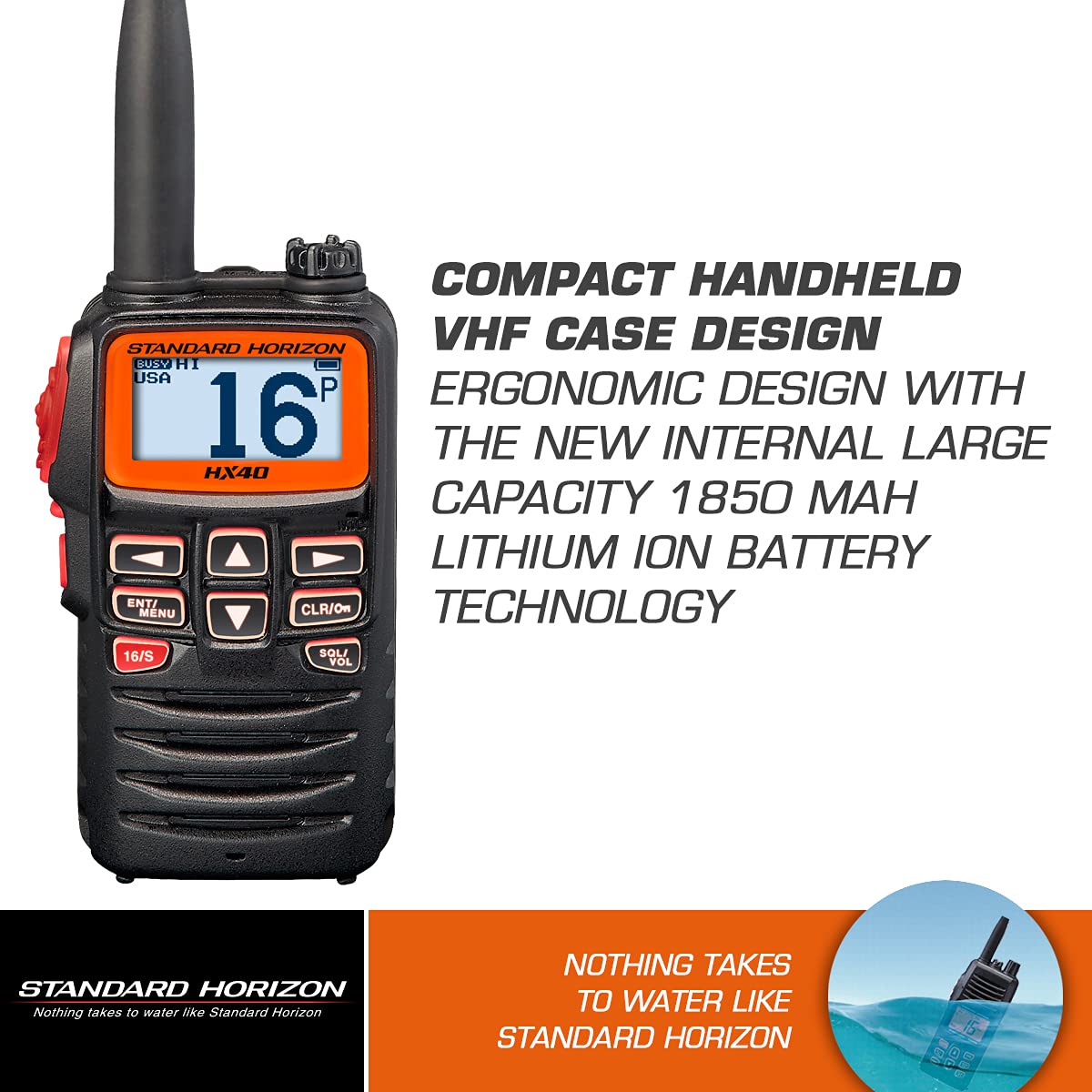 Standard Horizon HX40 handheld usage showing compact rugged design for deck