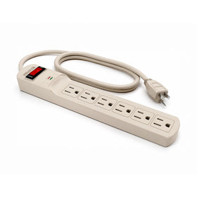 STANLEY front view beige power strip showing six grounded outlets and compact design benefit