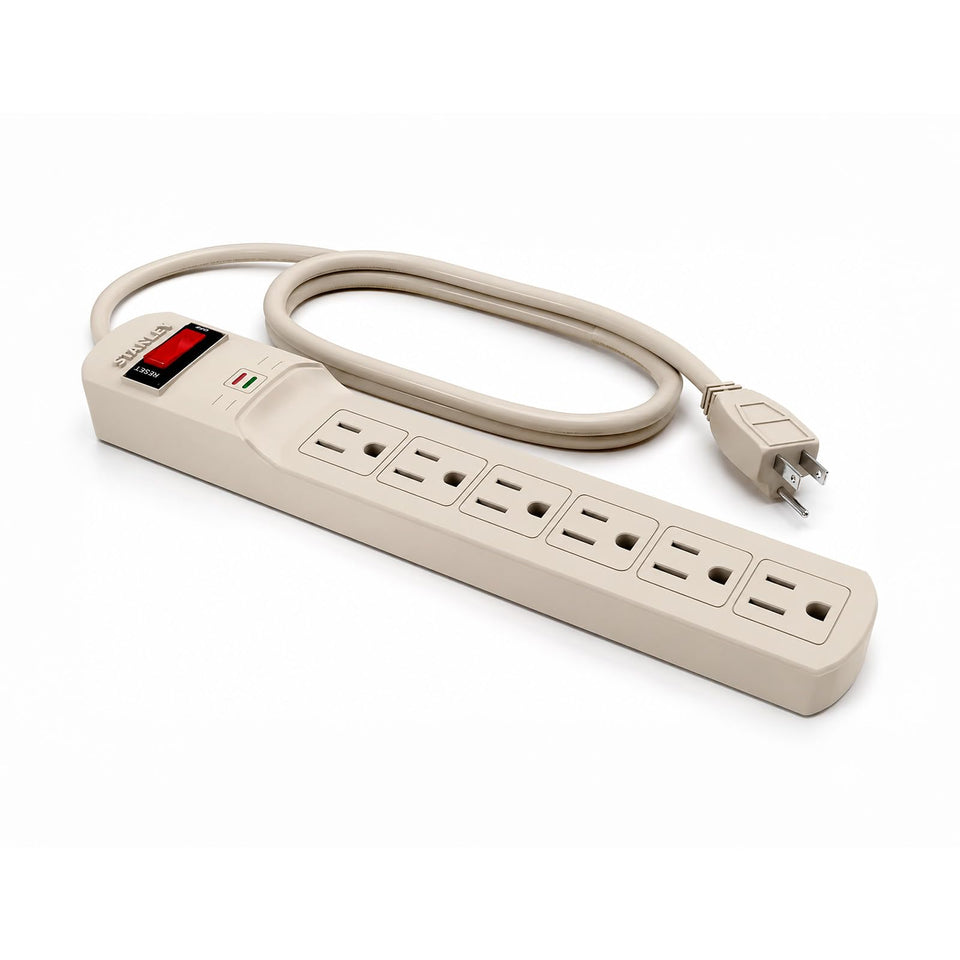 STANLEY front view beige power strip showing six grounded outlets and compact design benefit