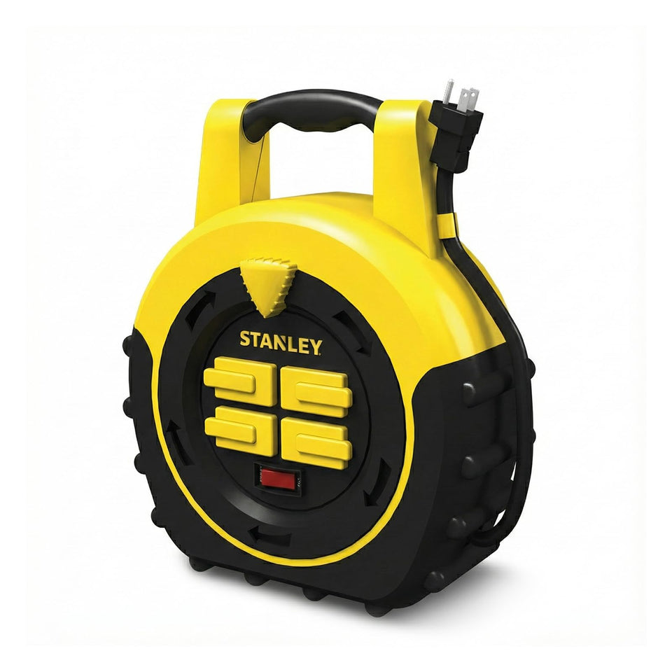 STANLEY retractable 20ft reel with four outlets for organized garage work.