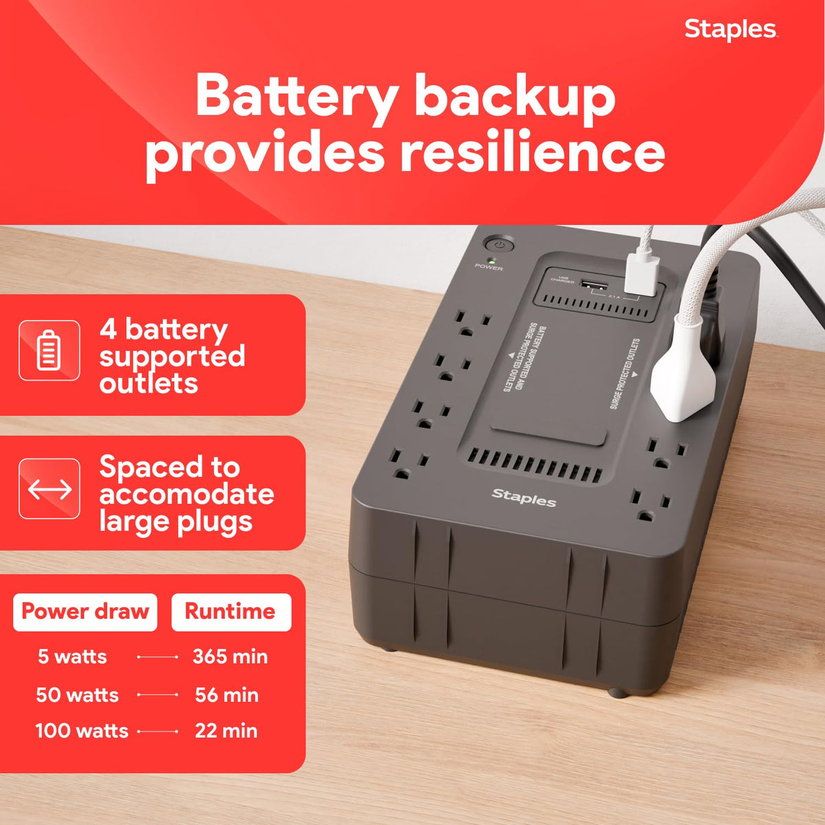 Staples TECH 650VA UPS compact footprint fits under a desk for space-saving power backup.