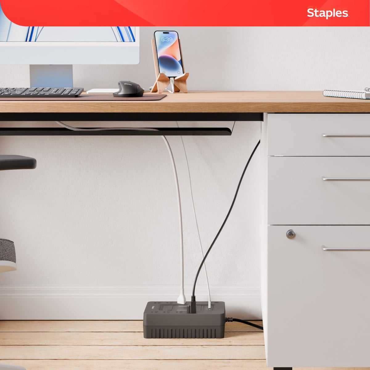 Staples TECH 650VA UPS protects a desktop and peripherals with reliable standby power.