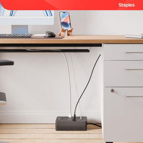 Staples TECH 650VA UPS protects a desktop and peripherals with reliable standby power.