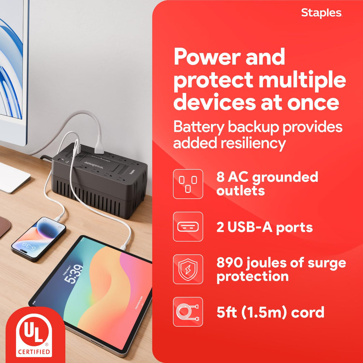 Staples TECH 650VA UPS eight outlets show battery-backed and surge-protected ports for multiple devices.