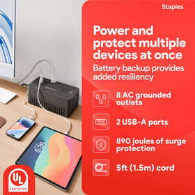 Staples TECH 650VA UPS eight outlets show battery-backed and surge-protected ports for multiple devices.