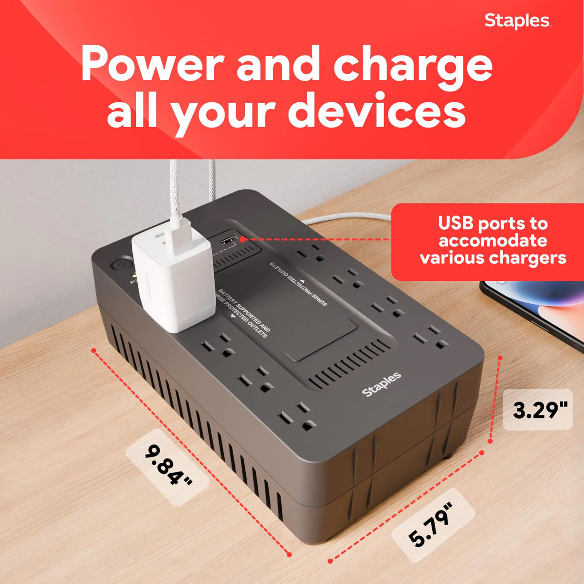 Staples TECH 650VA UPS surge protection guards electronics from spikes during storms and outages.