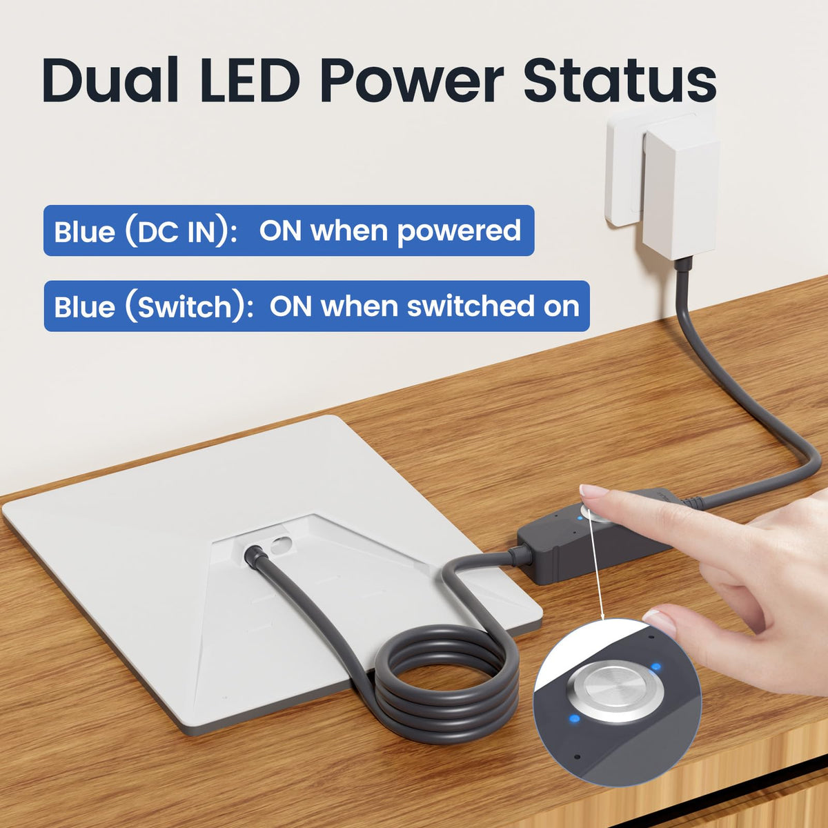 STARGEAR close-up of metal button and dual blue LEDs for clear status