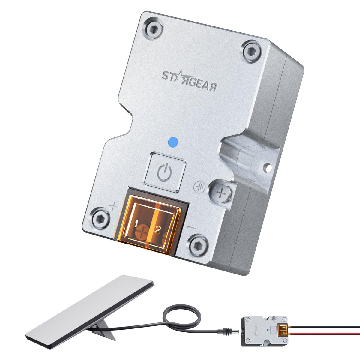STARGEAR adapter front view showing ports and compact build, reliable power conversion