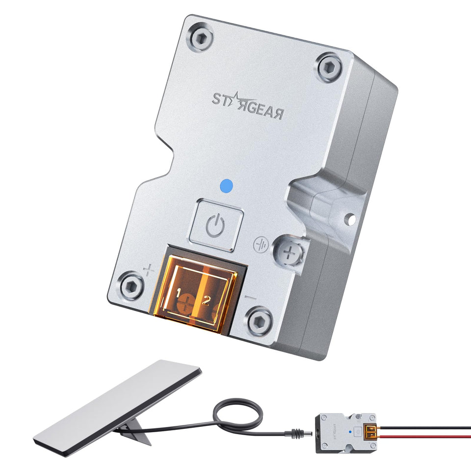 STARGEAR adapter front view showing ports and compact build, reliable power conversion