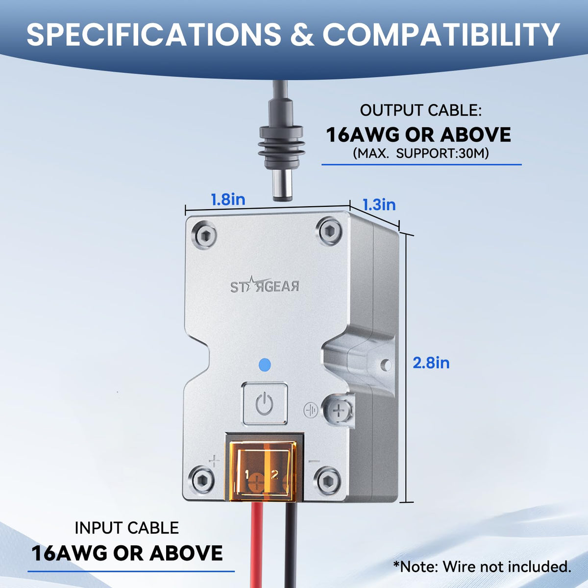 STARGEAR adapter wiring connection points showing safe battery hookup guidance