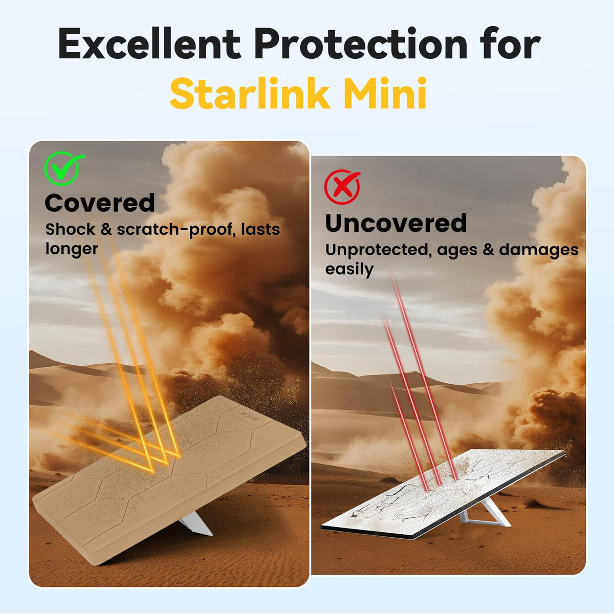STARGEAR Starlink Mini mounted at campsite in rain, weather protection shown