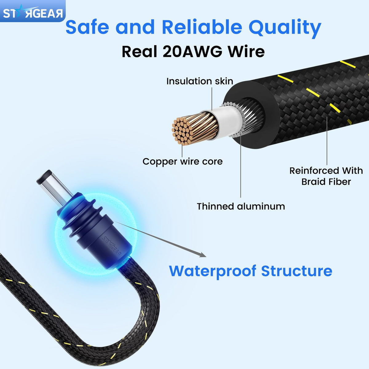 STARGEAR cable stretched beside measuring tape showing 10m reach for placement
