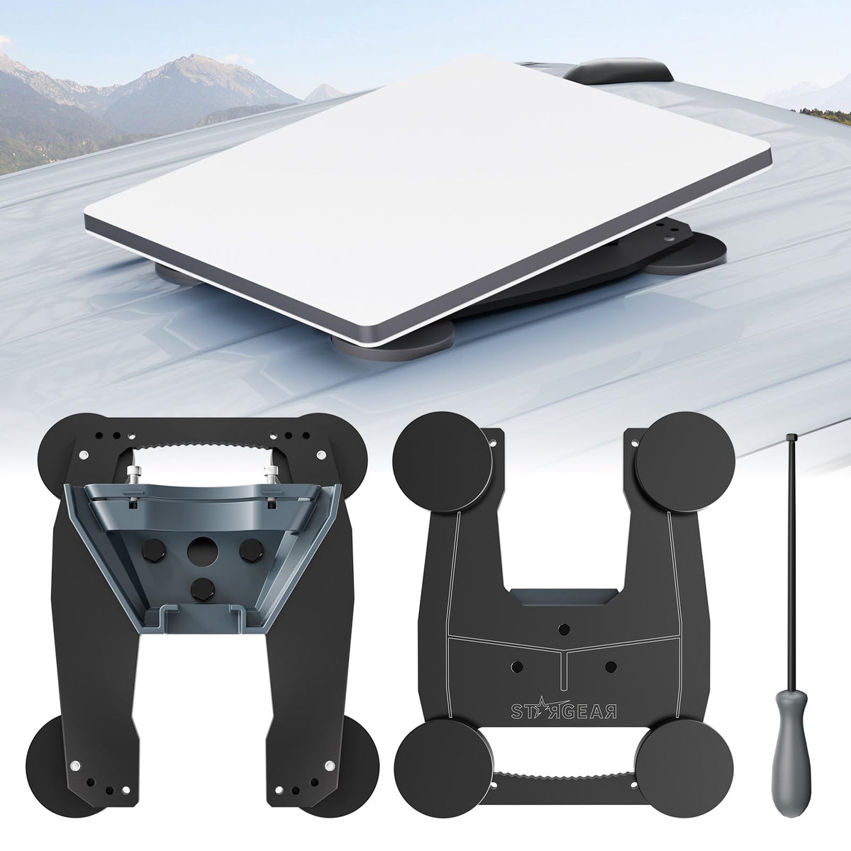 STARGEAR Starlink Mini Mount with four magnetic bases secures to metal surfaces.