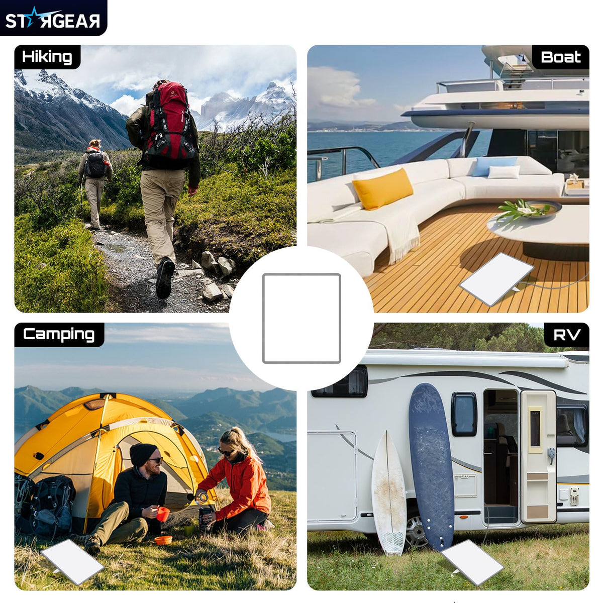 STARGEAR lifestyle image on RV roof showing weather-resistant coverage outdoors
