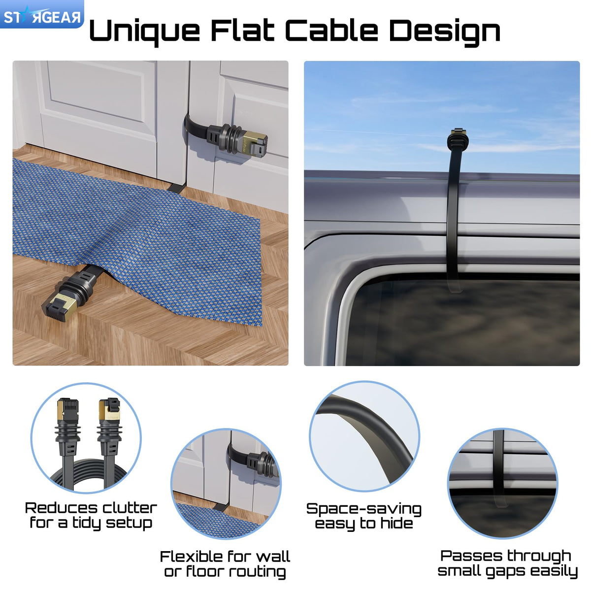 STARGEAR weatherproof Starlink cable withstands rain and sun for durable outdoor use.