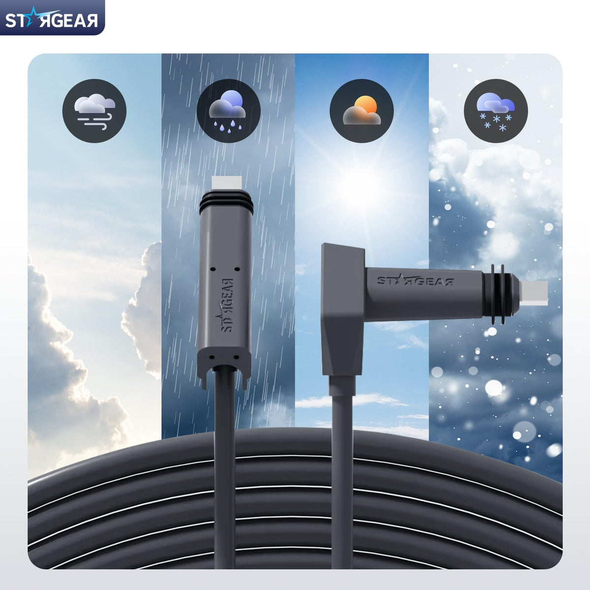 STARGEAR cable routed under eave in outdoor setting for weather resistance