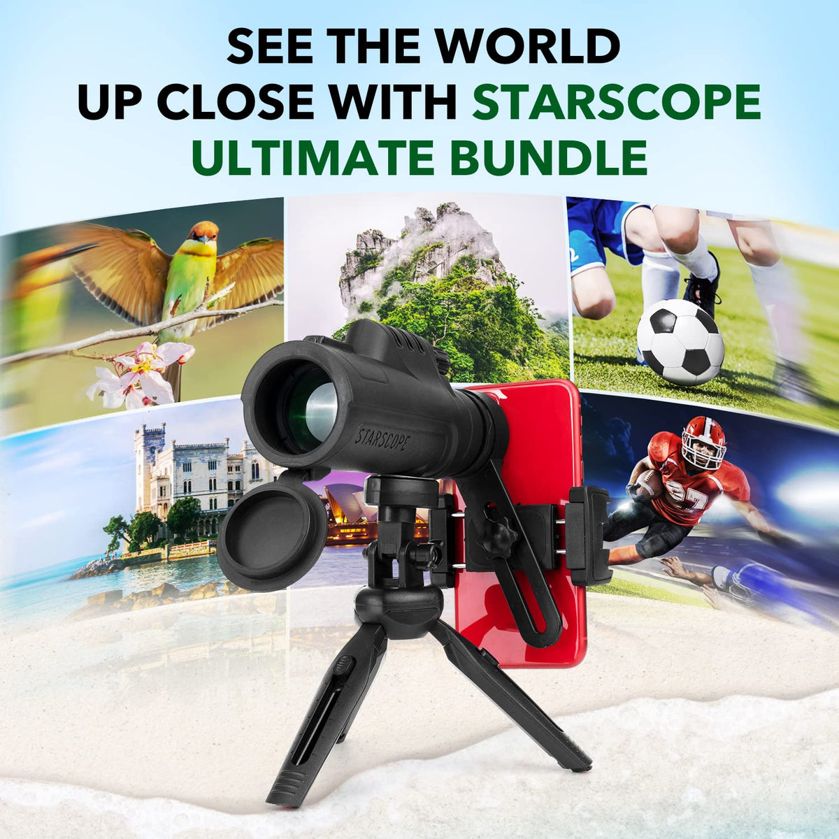 Starscope bundle includes tripod, smartphone mount, pouch.