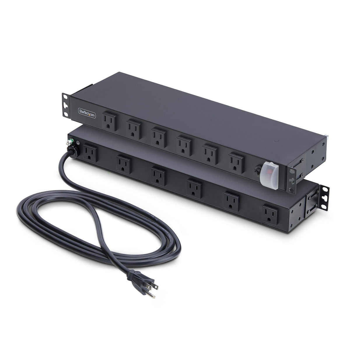 StarTech.com 12-outlet rackmount PDU front view with right-angle outlets for bulky adapters.