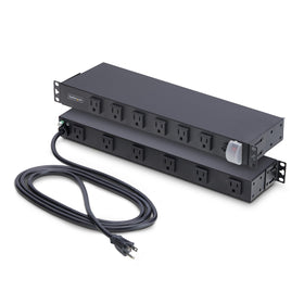 StarTech.com 12-outlet rackmount PDU front view with right-angle outlets for bulky adapters.