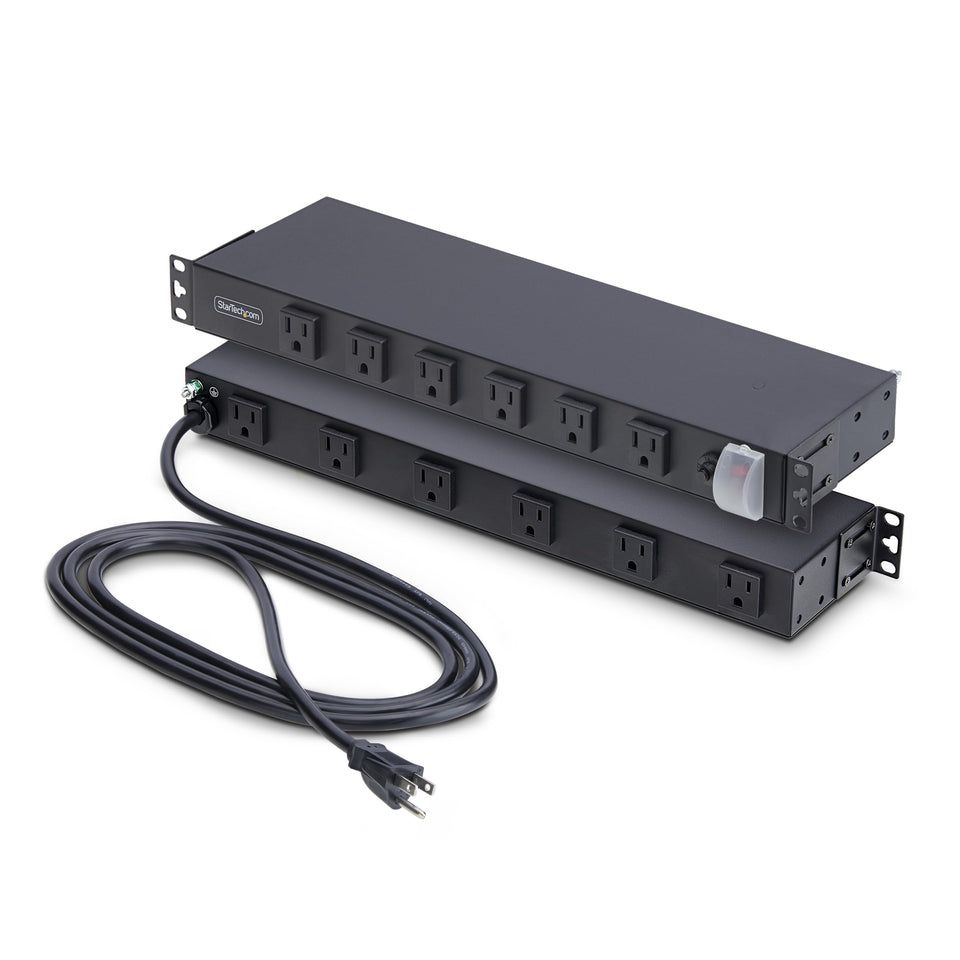 StarTech.com 12-outlet rackmount PDU front view with right-angle outlets for bulky adapters.
