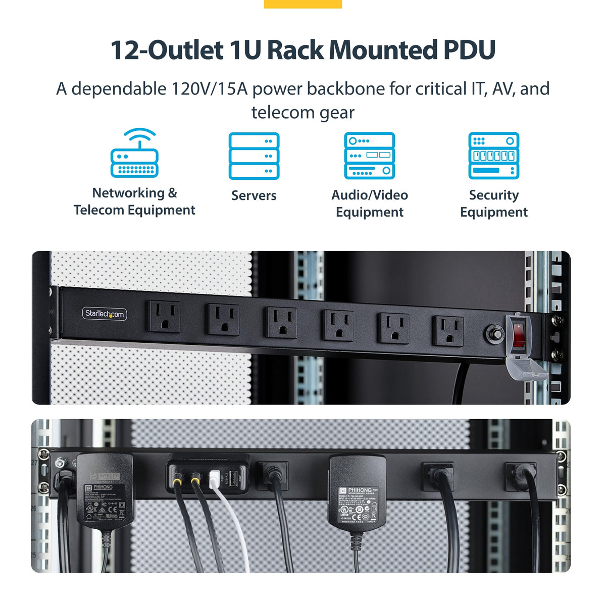 StarTech.com 12-outlet rackmount PDU rear ports for flexible cabling in tight racks.