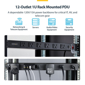 StarTech.com 12-outlet rackmount PDU rear ports for flexible cabling in tight racks.