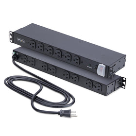 StarTech.com 14-outlet rackmount PDU front panel powers organized IT racks.