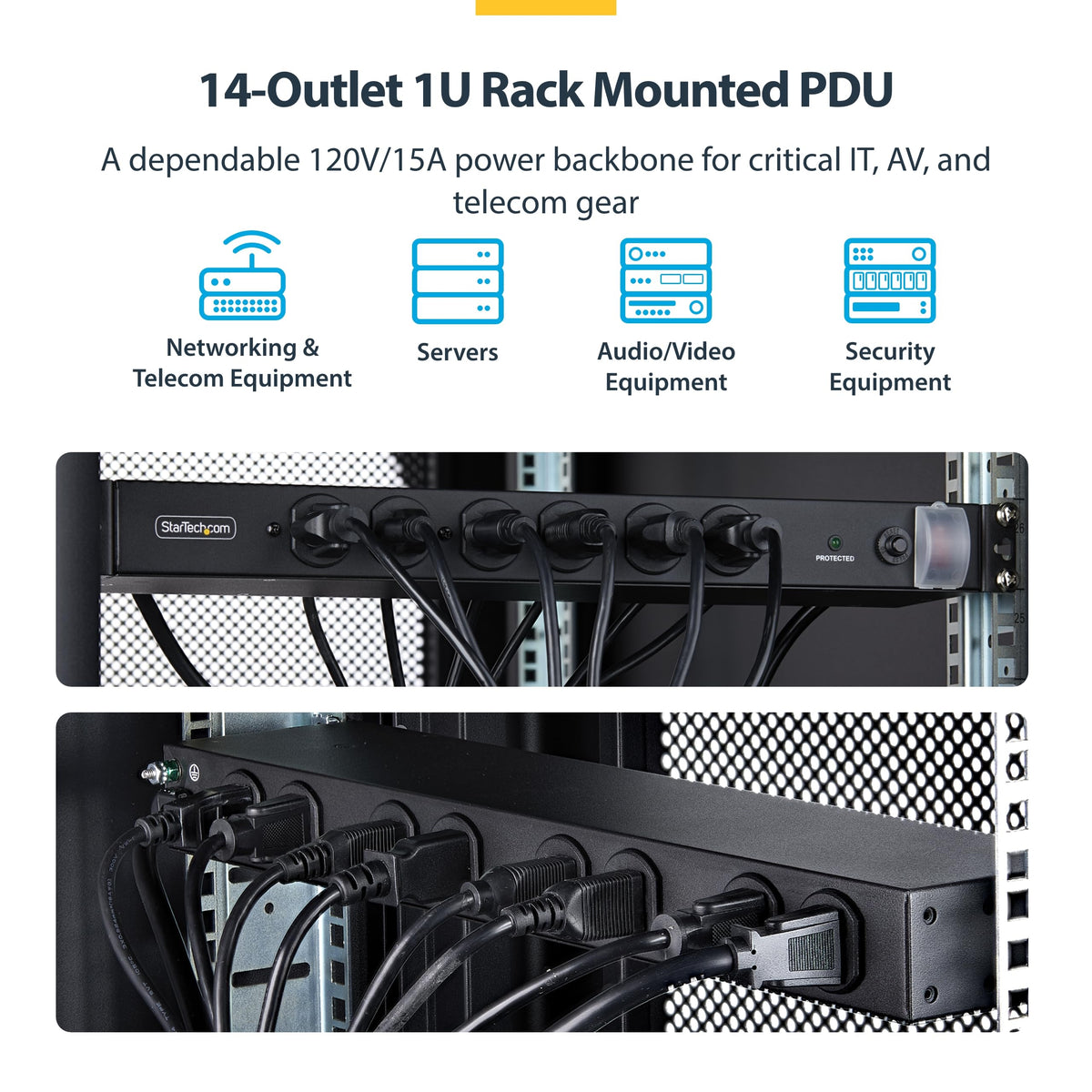 StarTech.com 14-outlet rackmount PDU rear ports support clean cable management.