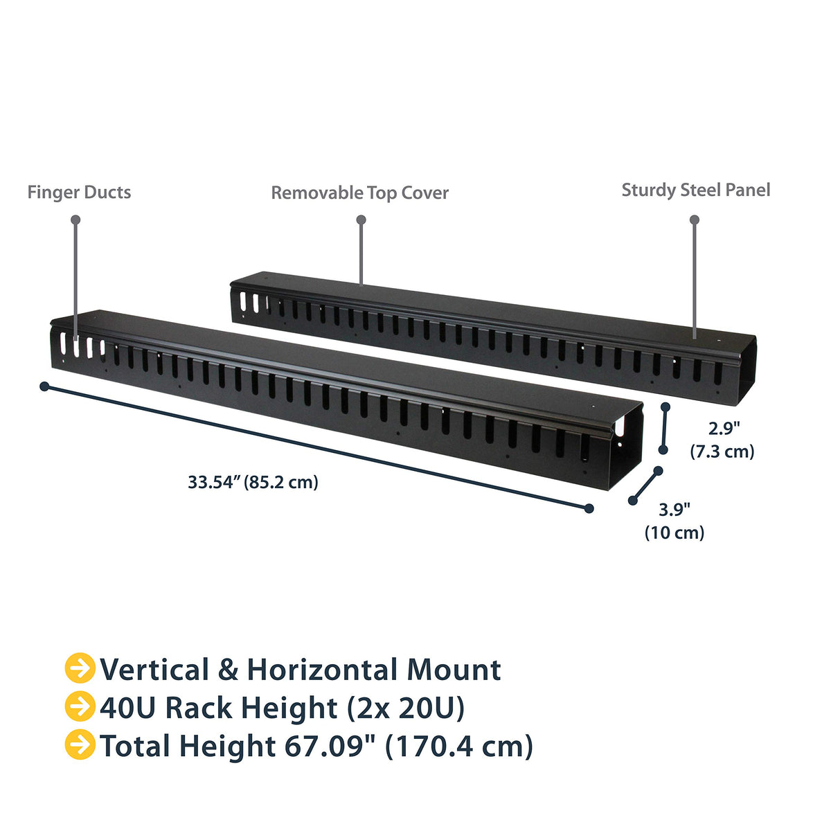 StarTech 2-Pack 20U vertical cable organizer end-to-end setup demonstrates full-height span