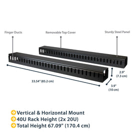 StarTech 2-Pack 20U vertical cable organizer end-to-end setup demonstrates full-height span