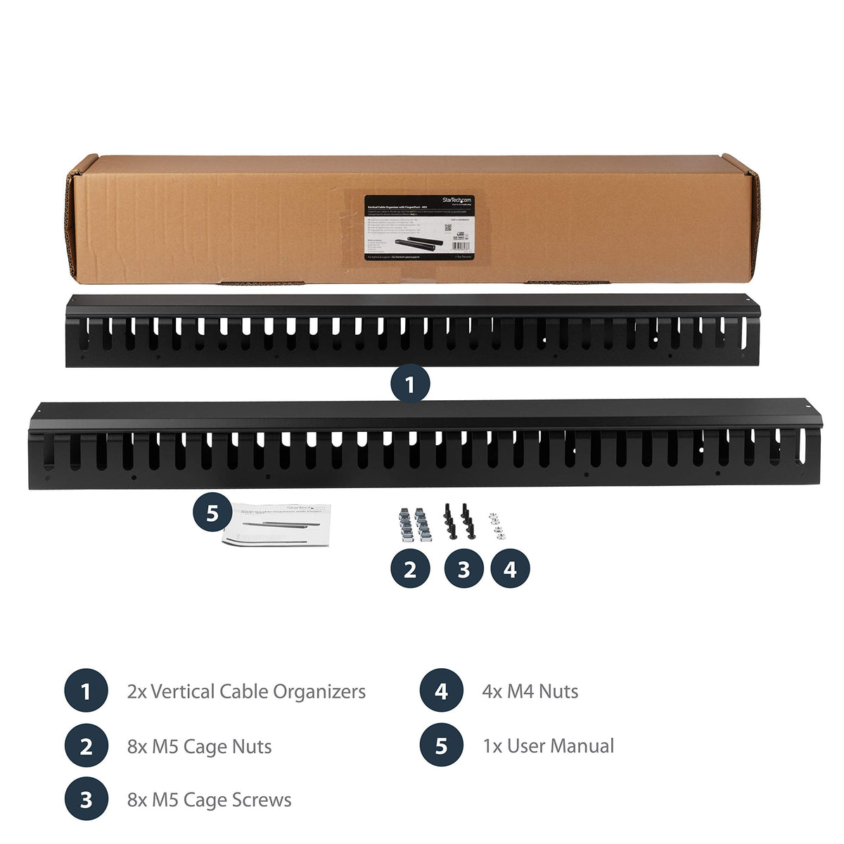 StarTech 2-Pack 20U vertical cable organizer on rack side view highlights flexibility