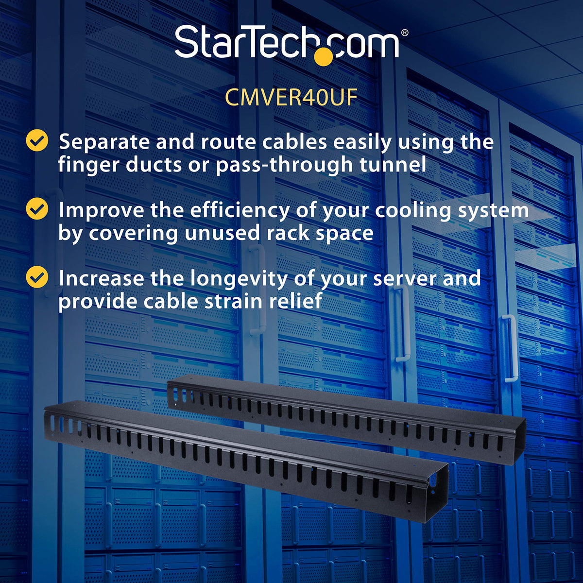 StarTech 2-Pack 20U vertical cable organizer tool-free installation shows easy setup