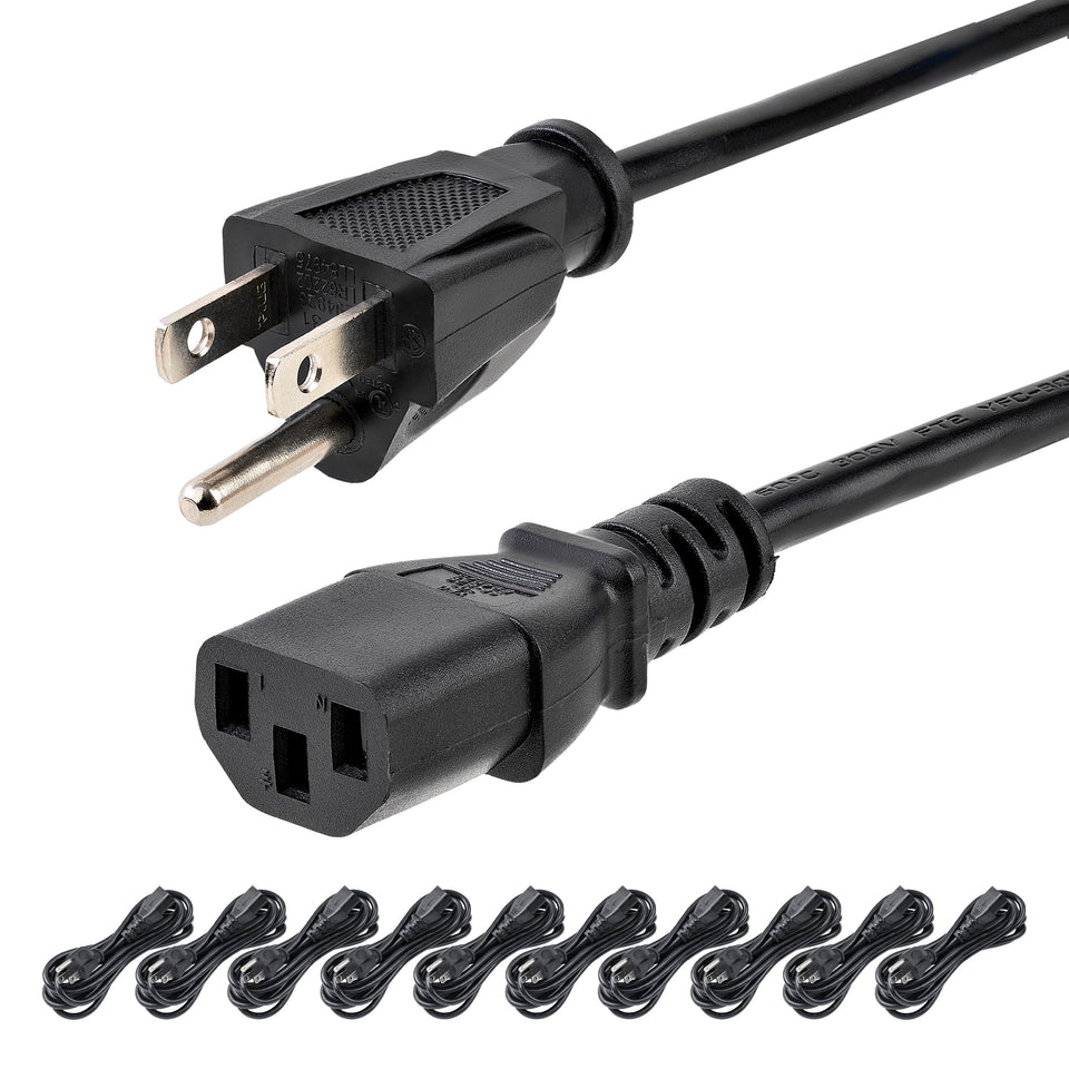 StarTech.com 10ft power cord with NEMA 5-15P to IEC C13, black, reliable desktop power cable.