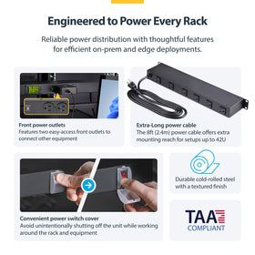 StarTech.com PDU with 8ft cord reaches equipment across the rack.