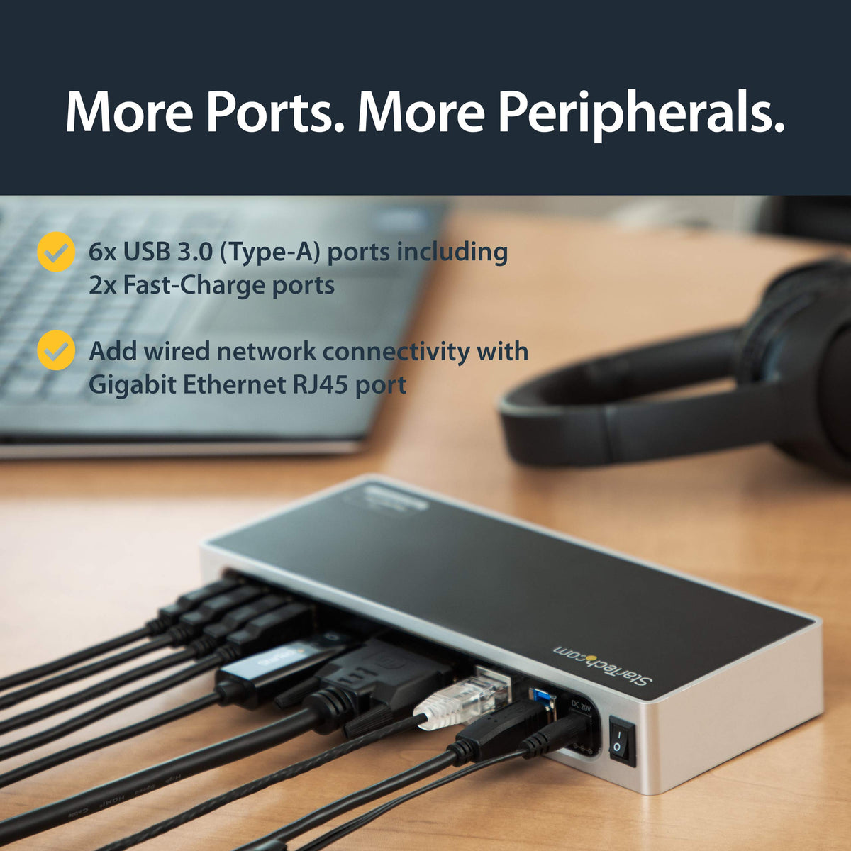 StarTech.com DK30ADD two always-on fast-charge ports for charging devices.
