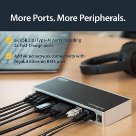 StarTech.com DK30ADD two always-on fast-charge ports for charging devices.