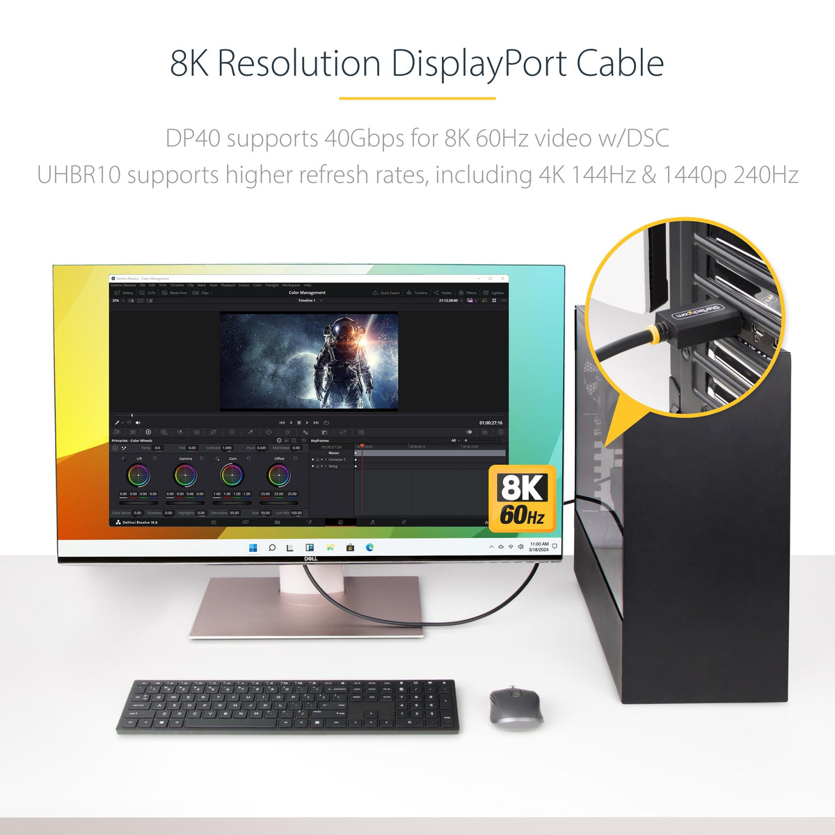 StarTech.com DP40 6ft cable in desk setup enabling 8K/60Hz output