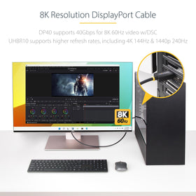 StarTech.com DP40 6ft cable in desk setup enabling 8K/60Hz output